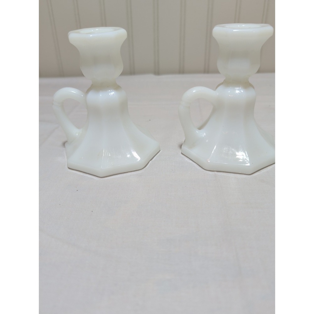 Vintage Anchor Hocking Colonial White Milk Glass Chamber Stick Candle Holders 2